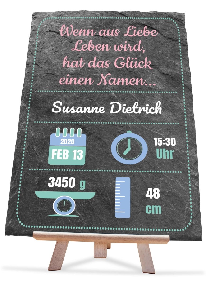 Schiefertafel Geburt mit Größe, Gewicht, Uhrzeit und Datum in Rosa M0369 - meinleinwand.de