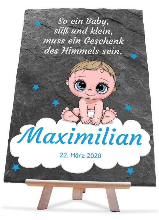 Schiefertafel Geburt Baby mit Spruch, Namen und Datum in Blau M0374 - meinleinwand.de