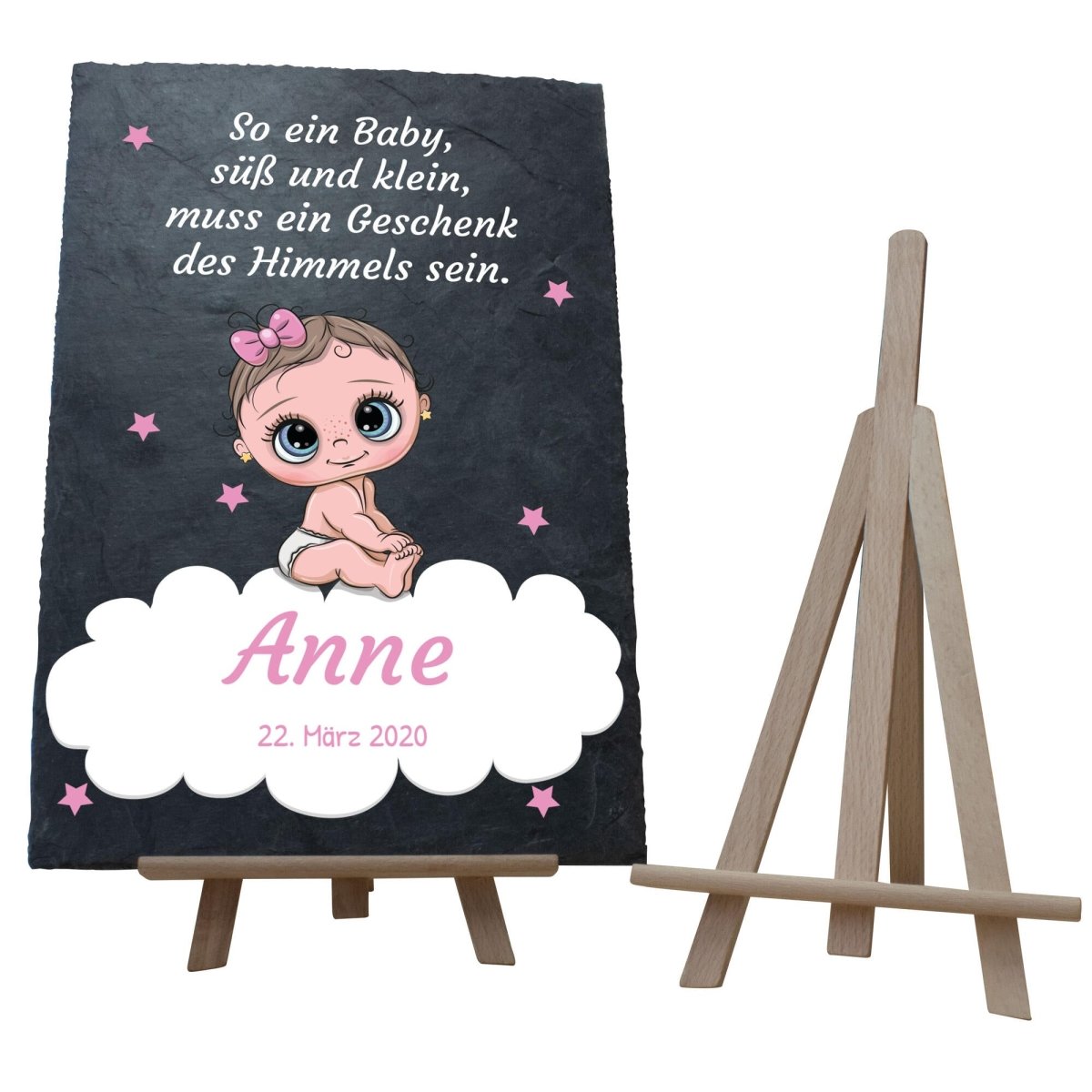 Schiefertafel Geburt Baby mit Spruch, Namen und Datum in Rosa M0375 - meinleinwand.de