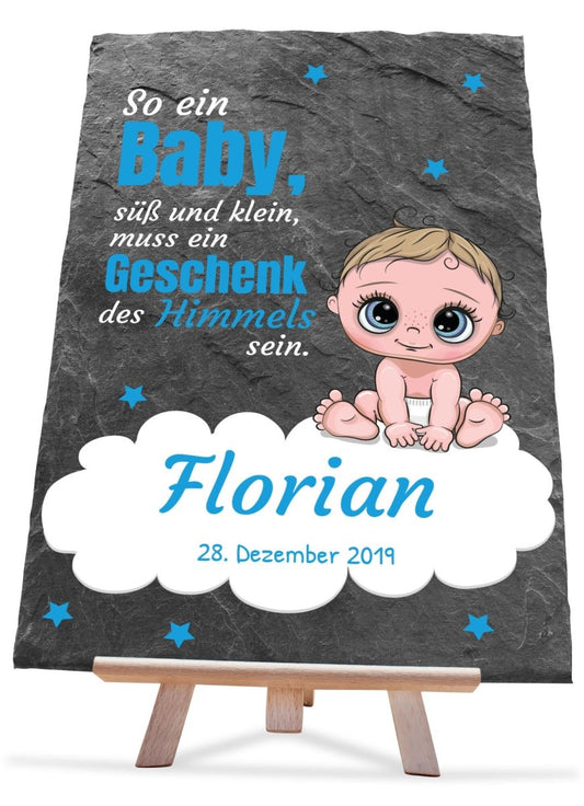Schiefertafel Geburt Baby mit Namen, Datum und Spruch in Blau M0380 - meinleinwand.de