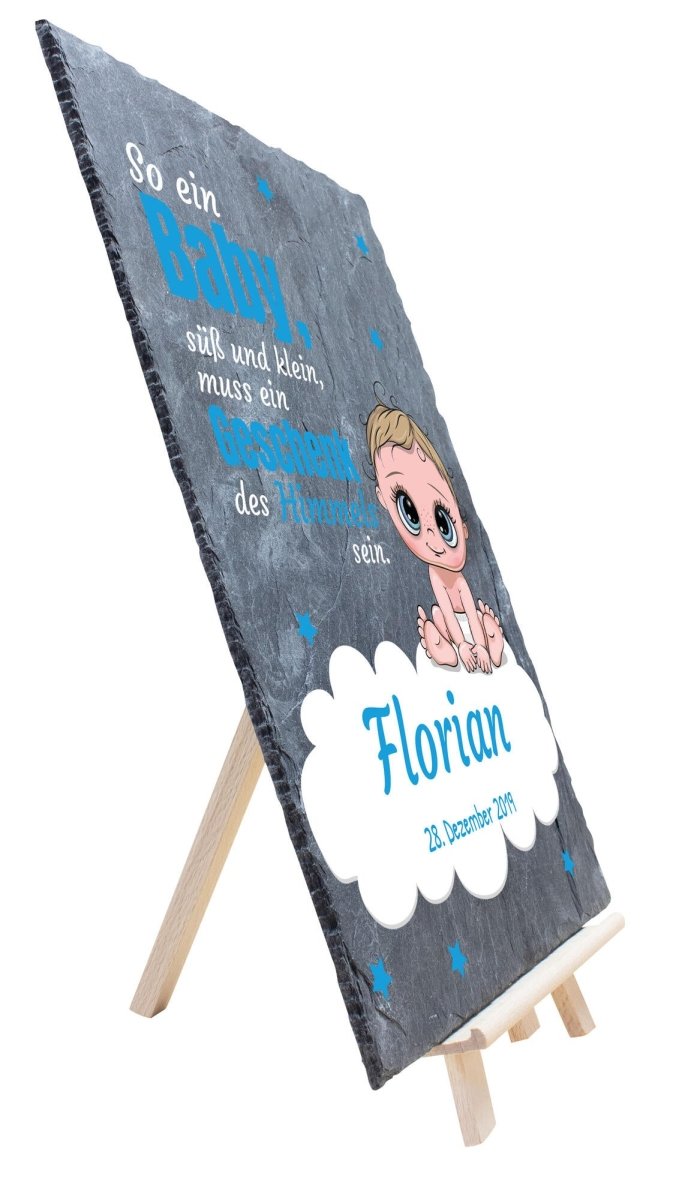 Schiefertafel Geburt Baby mit Namen, Datum und Spruch in Blau M0380 - meinleinwand.de