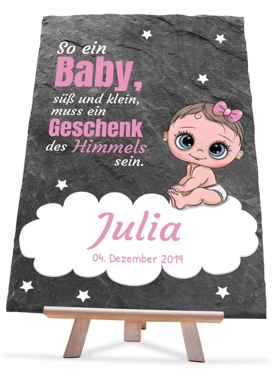 Schiefertafel Geburt Baby mit Namen, Datum und Spruch in Rosa M0381 - meinleinwand.de