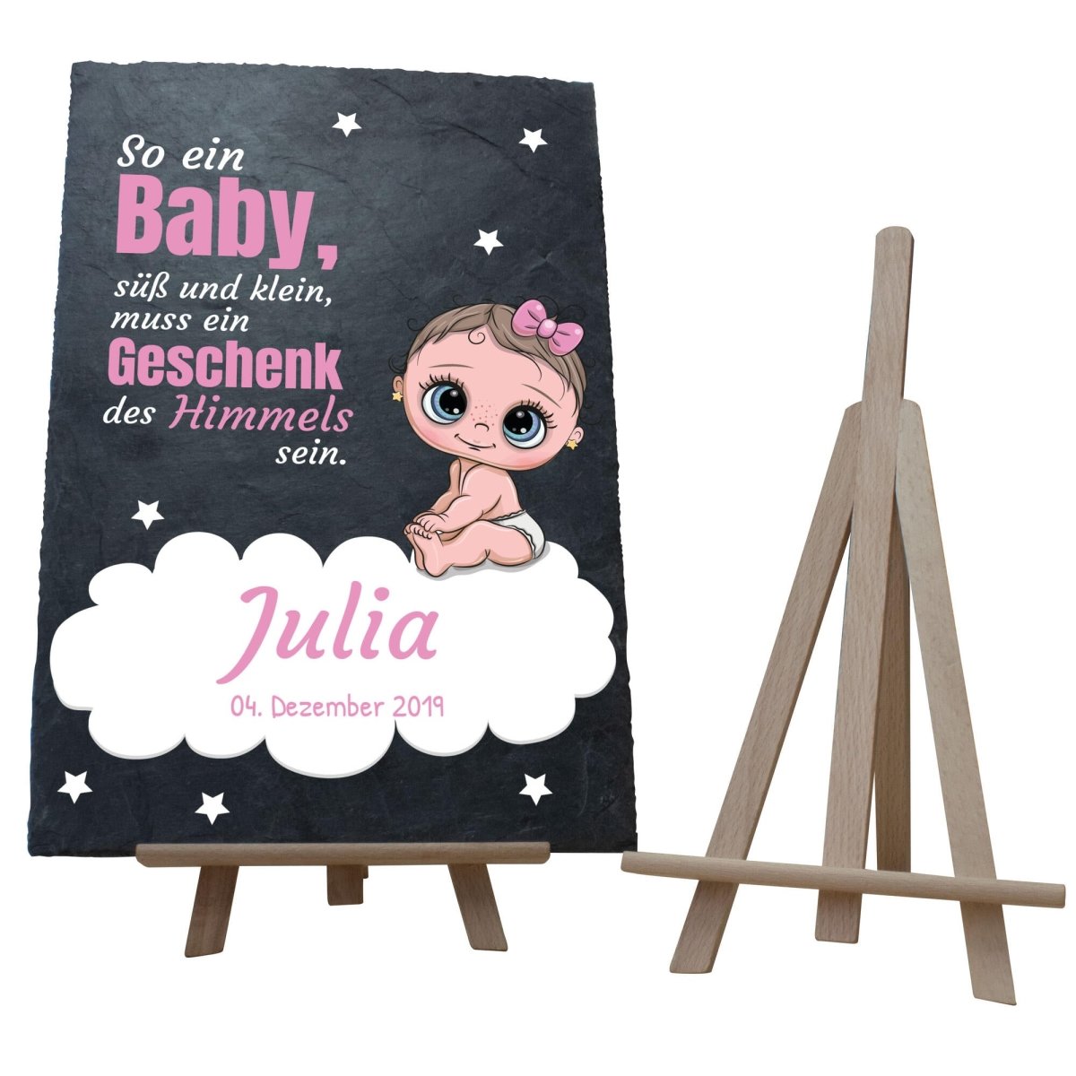 Schiefertafel Geburt Baby mit Namen, Datum und Spruch in Rosa M0381 - meinleinwand.de