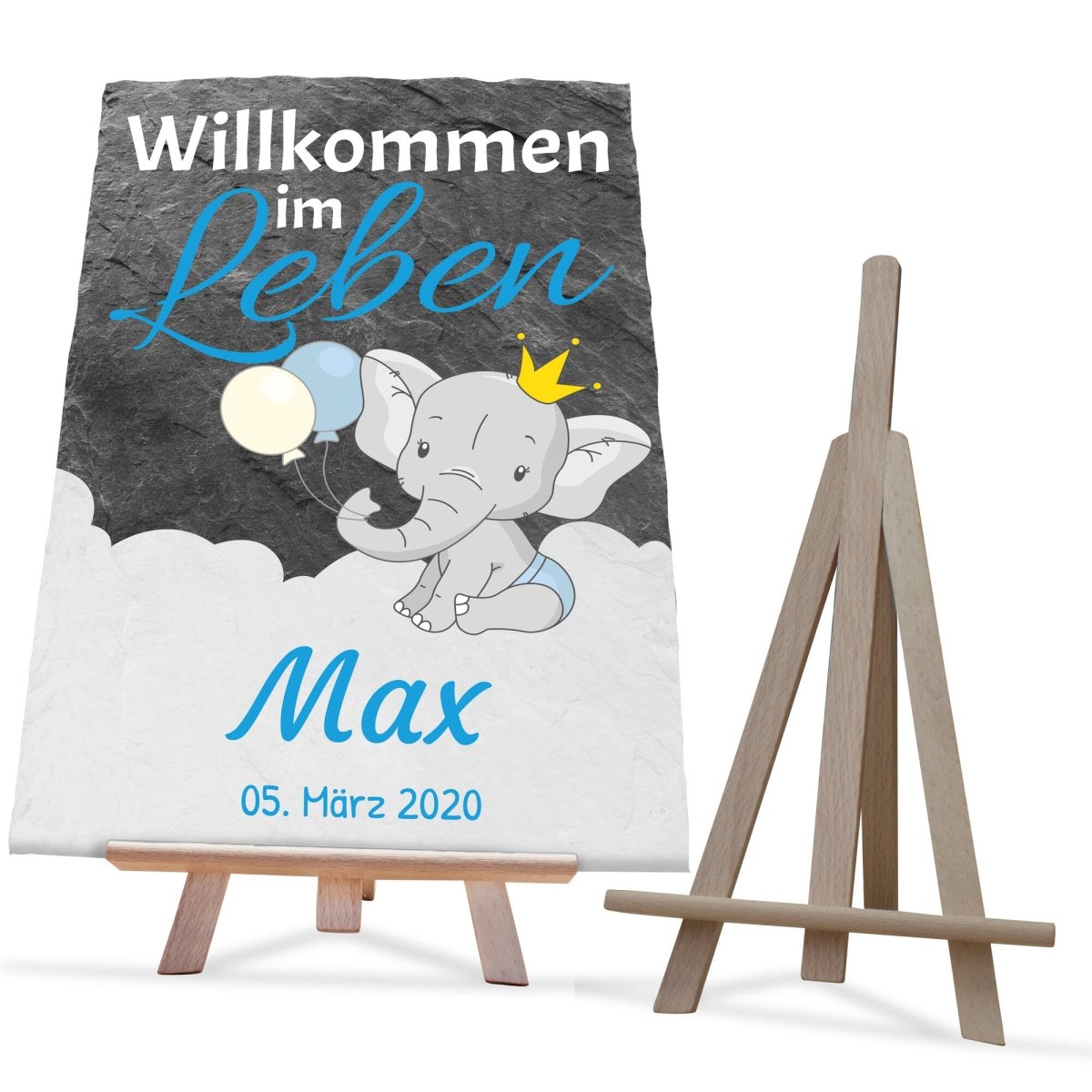 Schiefertafel Willkommen im Leben Elefant mit Namen und Datum in Blau M0383 - meinleinwand.de