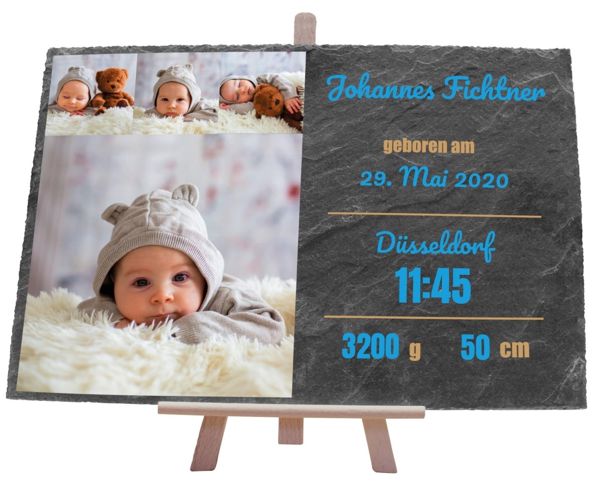 Schieferplatte Geburt mit 4 Bildern Collage mit Namen, Geburtsangaben und Geburtsort in Blau M0394 - meinleinwand.de