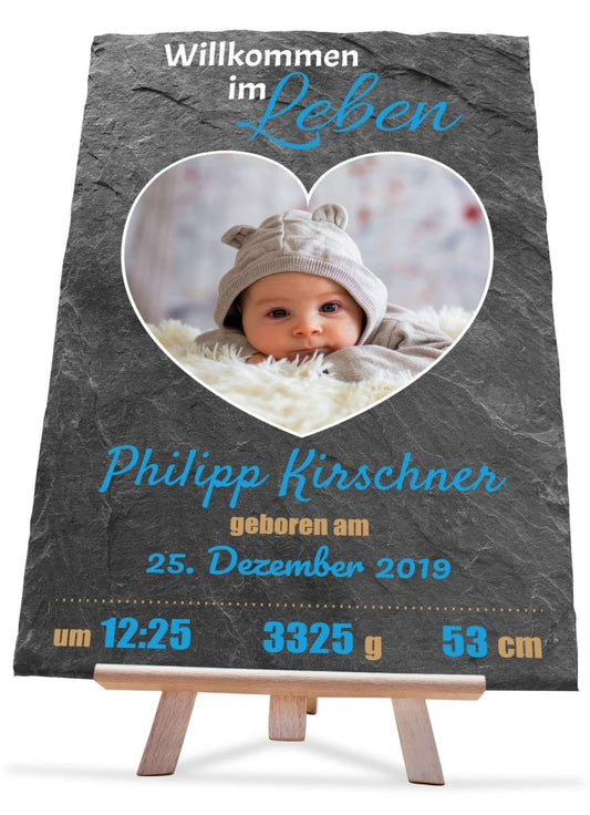 Schieferplatte zur Geburt "Willkommen im Leben" in Blau M0397 - meinleinwand.de
