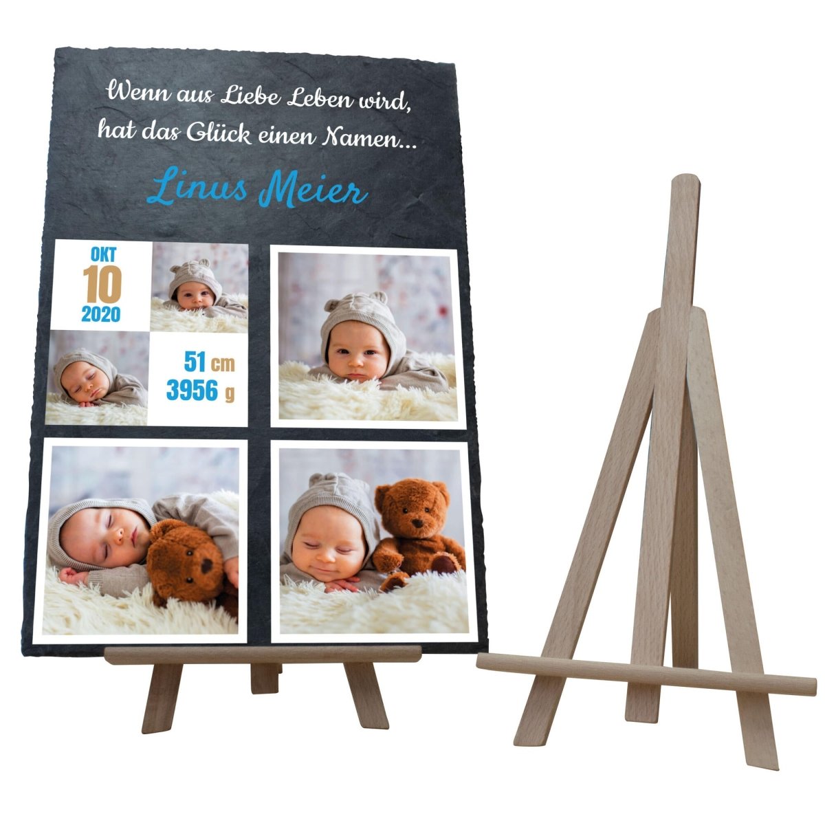 Schieferplatte Geburt mit Spruch, Bildern und Geburtsangaben in Blau M0398 - meinleinwand.de