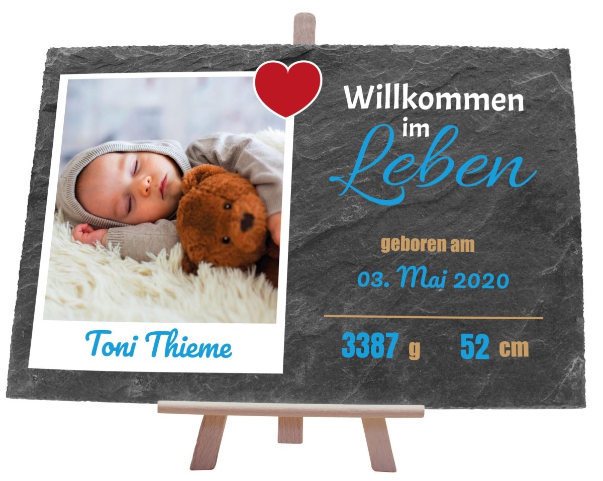 Schieferplatte Geburt Willkommen im Leben mit Polaroidbild, Name, Geburtsangaben und Herz in Blau M0399 - meinleinwand.de