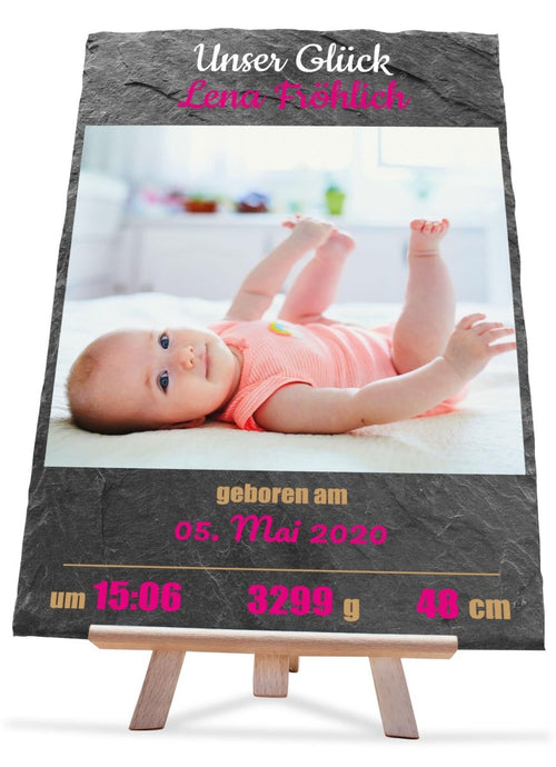 Schieferplatte Geburt Unser Glück mit Foto, Namen und Geburtsangaben in Pink M0401 - meinleinwand.de