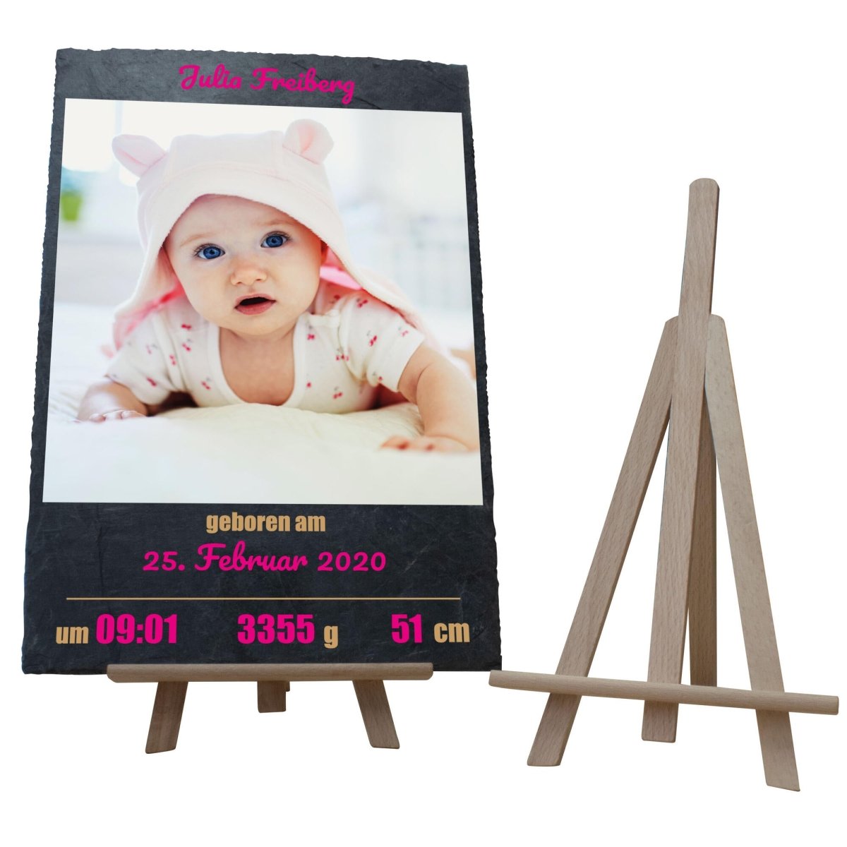 Schieferplatte Geburt mit Foto, Namen und Geburtsangaben in Pink M0402 - meinleinwand.de