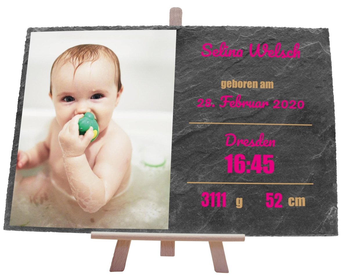 Schieferplatte Geburt mit Foto, Namen, Geburtsangaben und Geburtsort in Pink M0403 - meinleinwand.de
