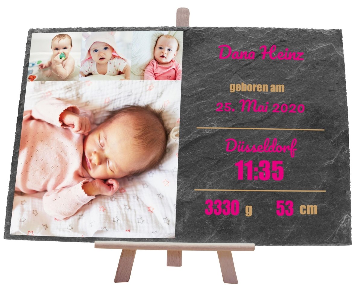 Schieferplatte Geburt mit 4 Bildern Collage mit Namen, Geburtsangaben und Geburtsort in Pink M0405 - meinleinwand.de