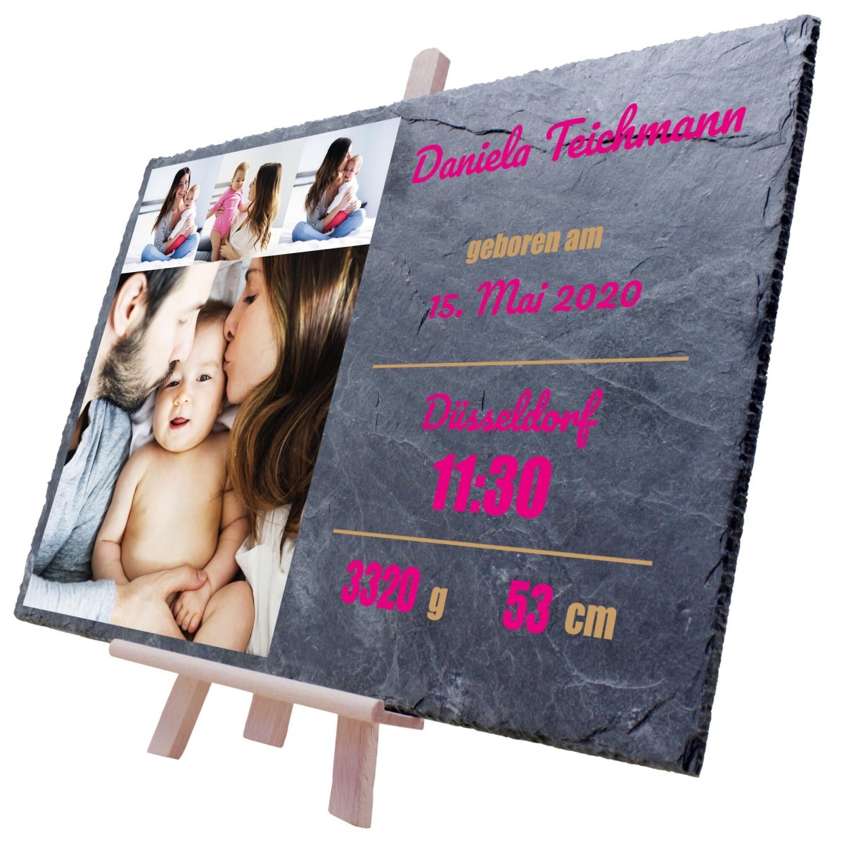 Schieferplatte Geburt mit 4 Bildern Collage mit Namen, Geburtsangaben und Geburtsort in Pink M0405 - meinleinwand.de