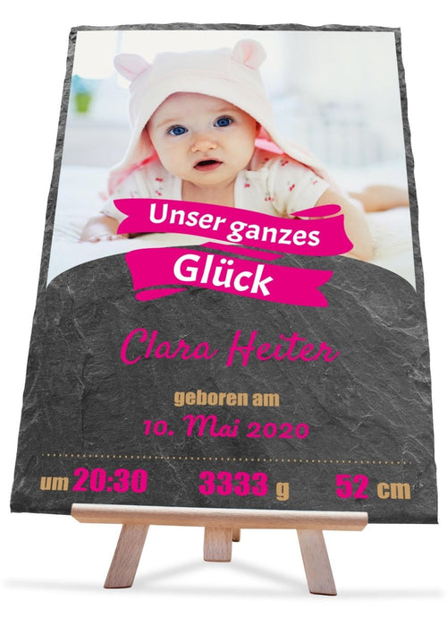 Schieferplatte Geburt Unser ganzes Glück mit Namen, Foto und Geburtsangaben in Pink M0407 - meinleinwand.de