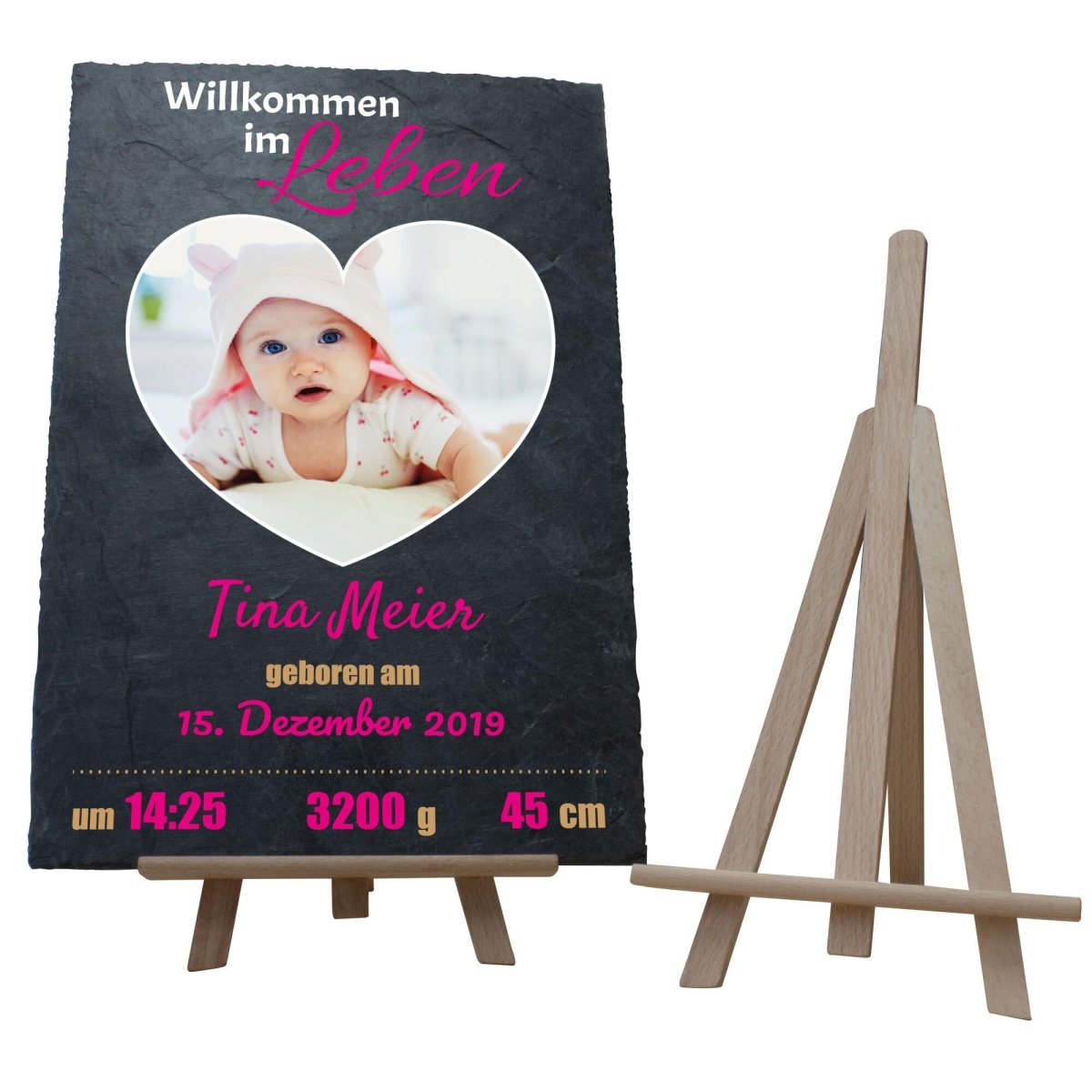 Schieferplatte Geburt Willkommen im Leben mit Foto Herz, Namen und Geburtsangaben in Pink M0408 - meinleinwand.de