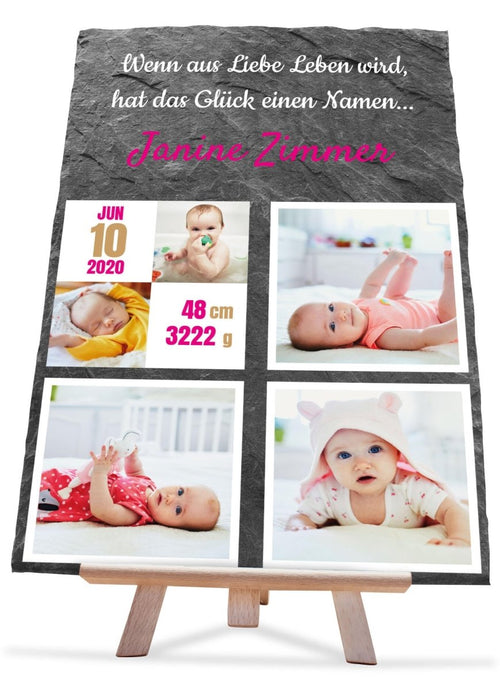 Schieferplatte Geburt mit Spruch, Bildern und Geburtsangaben in Pink M0409 - meinleinwand.de