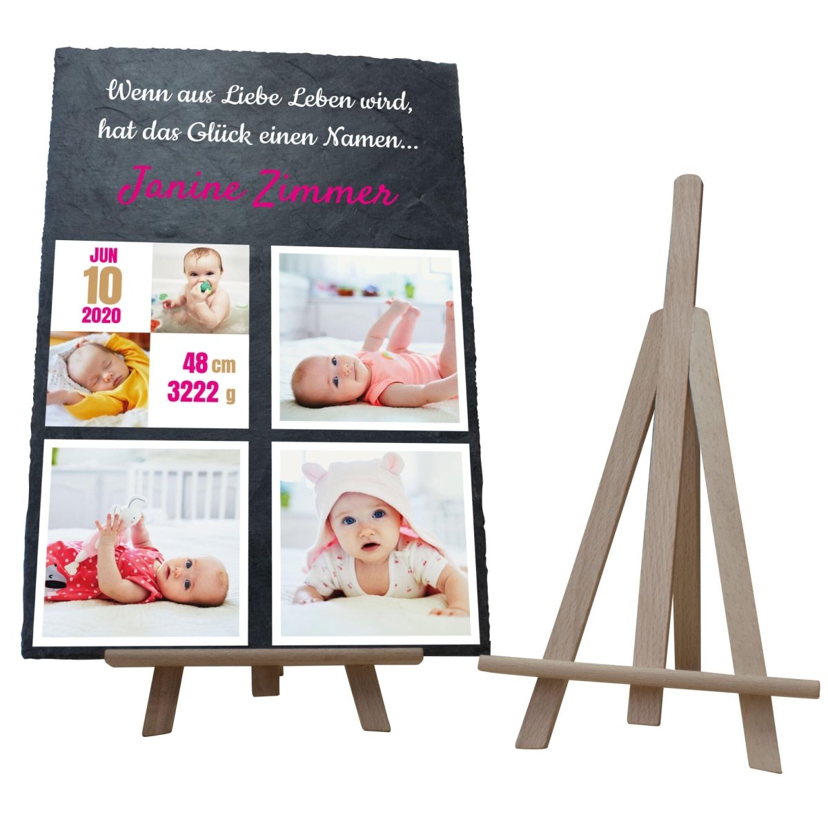 Schieferplatte Geburt mit Spruch, Bildern und Geburtsangaben in Pink M0409 - meinleinwand.de