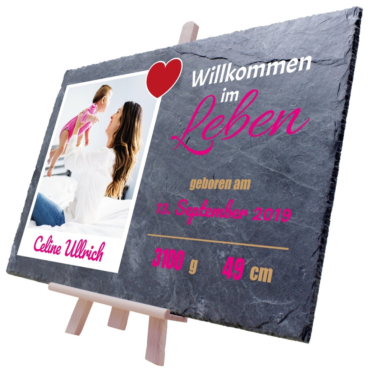 Schieferplatte Geburt Willkommen im Leben mit Polaroidbild, Name, Geburtsangaben und Herz in Pink M0410 - meinleinwand.de