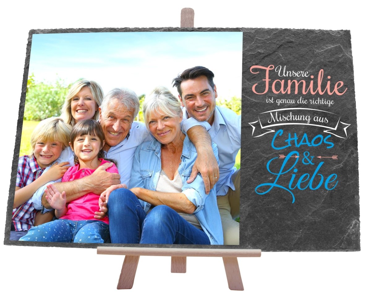 Schiefertafel Familie Chaos und Liebe mit Bild M0447 - meinleinwand.de