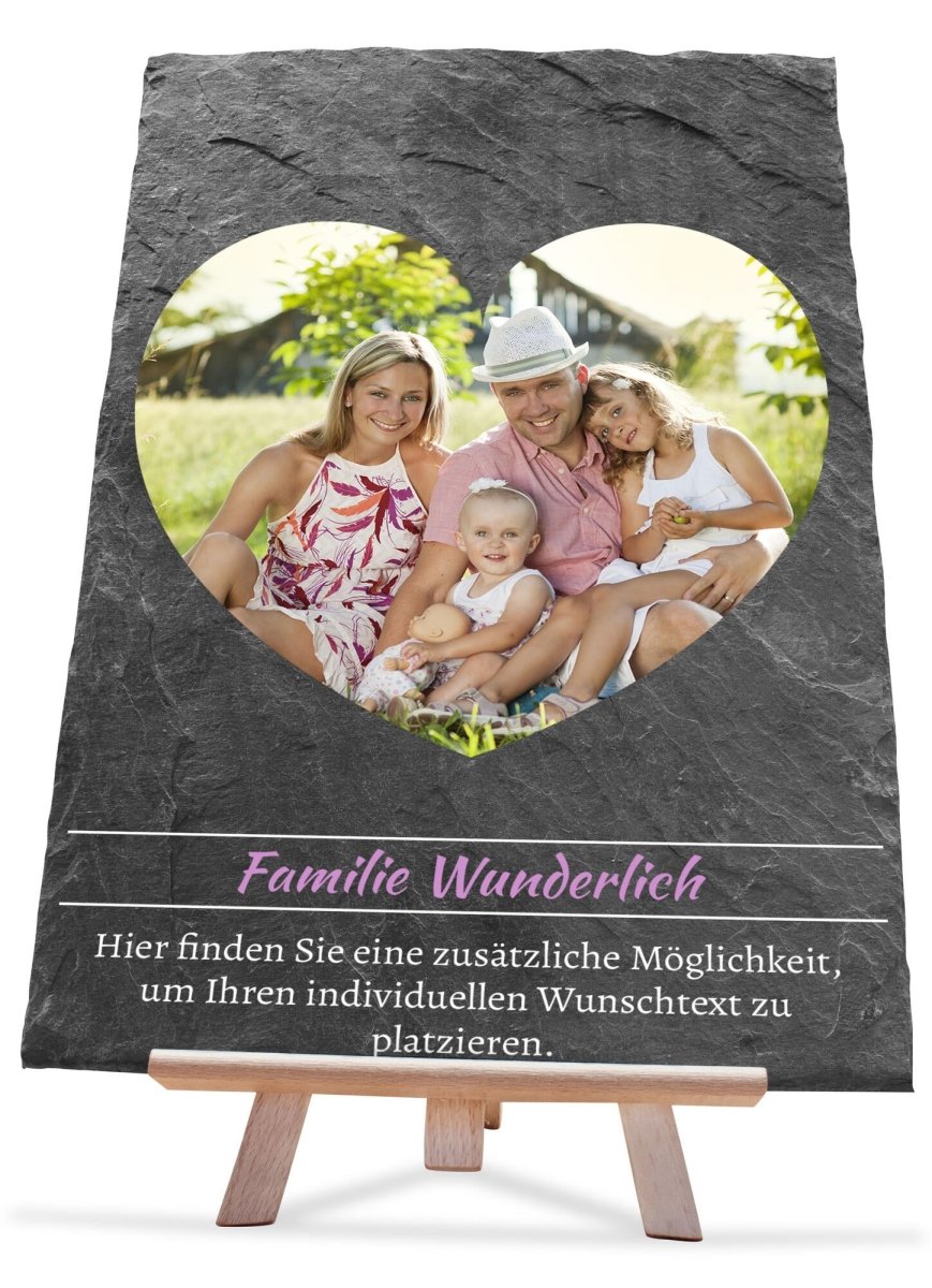 Schiefertafel Familie mit Spruch, Foto Herz und Namen M0457 - meinleinwand.de