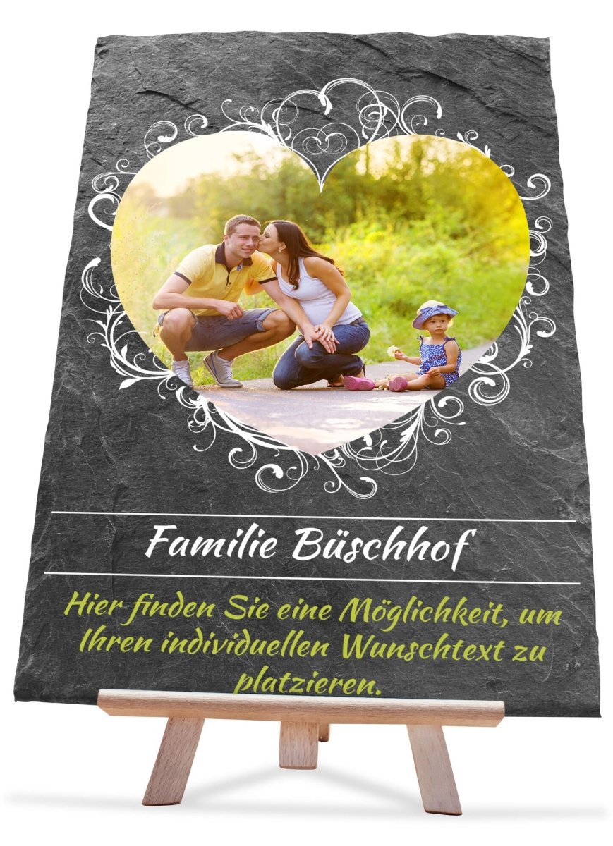 Schiefertafel Familie mit Foto Herz, Namen, Spruch und Verzierung M0460 - meinleinwand.de
