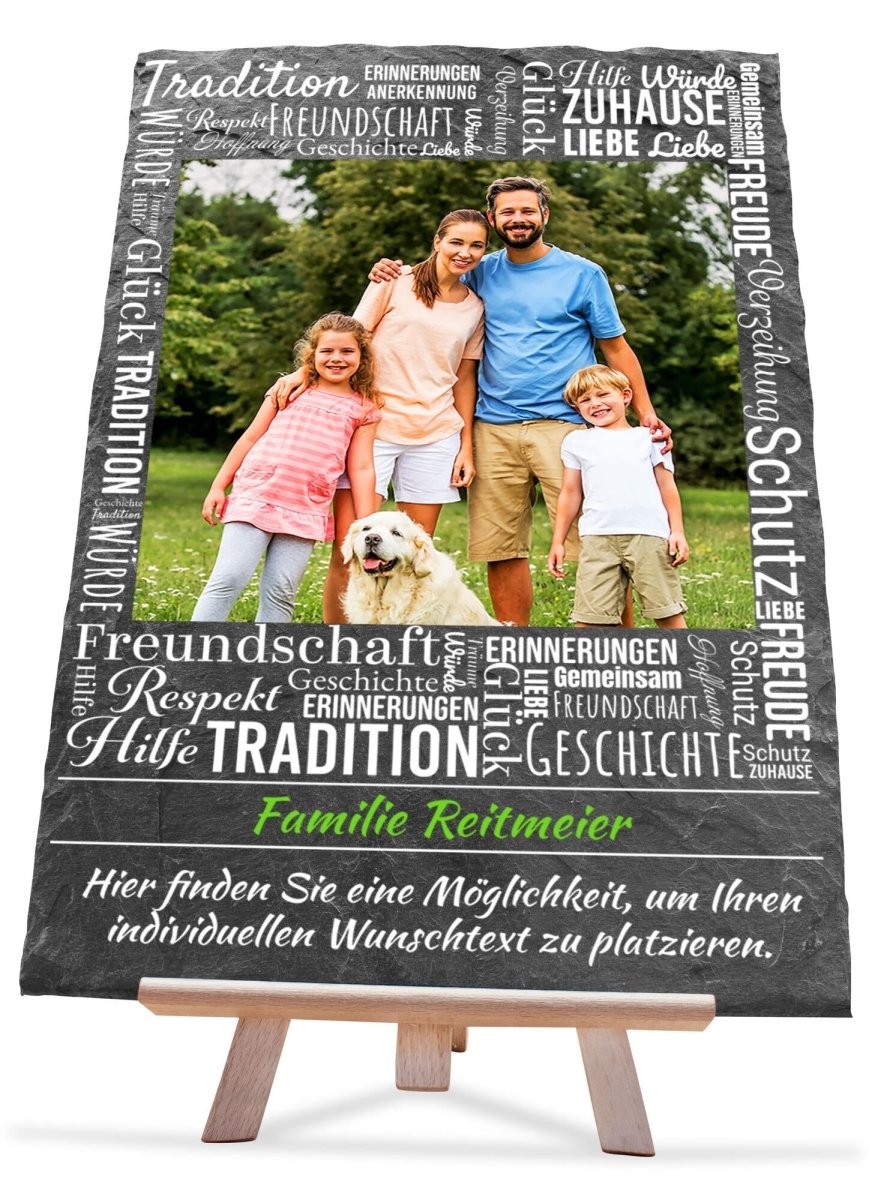 Schiefertafel Familie mit Bild, Wörtern, Namen und Spruch M0461 - meinleinwand.de