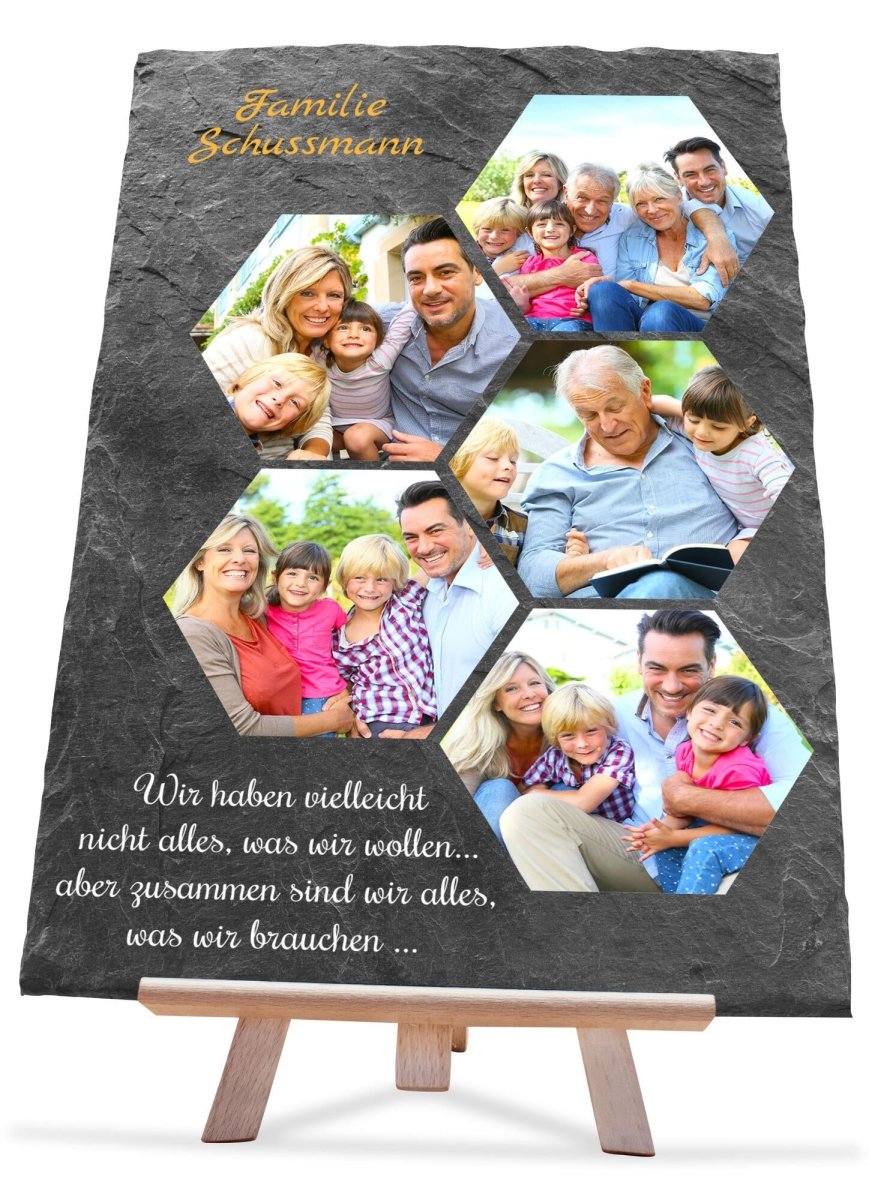 Schiefertafel Familie mit Spruch, Namen und 5 Hexagons Bilder M0463 - meinleinwand.de