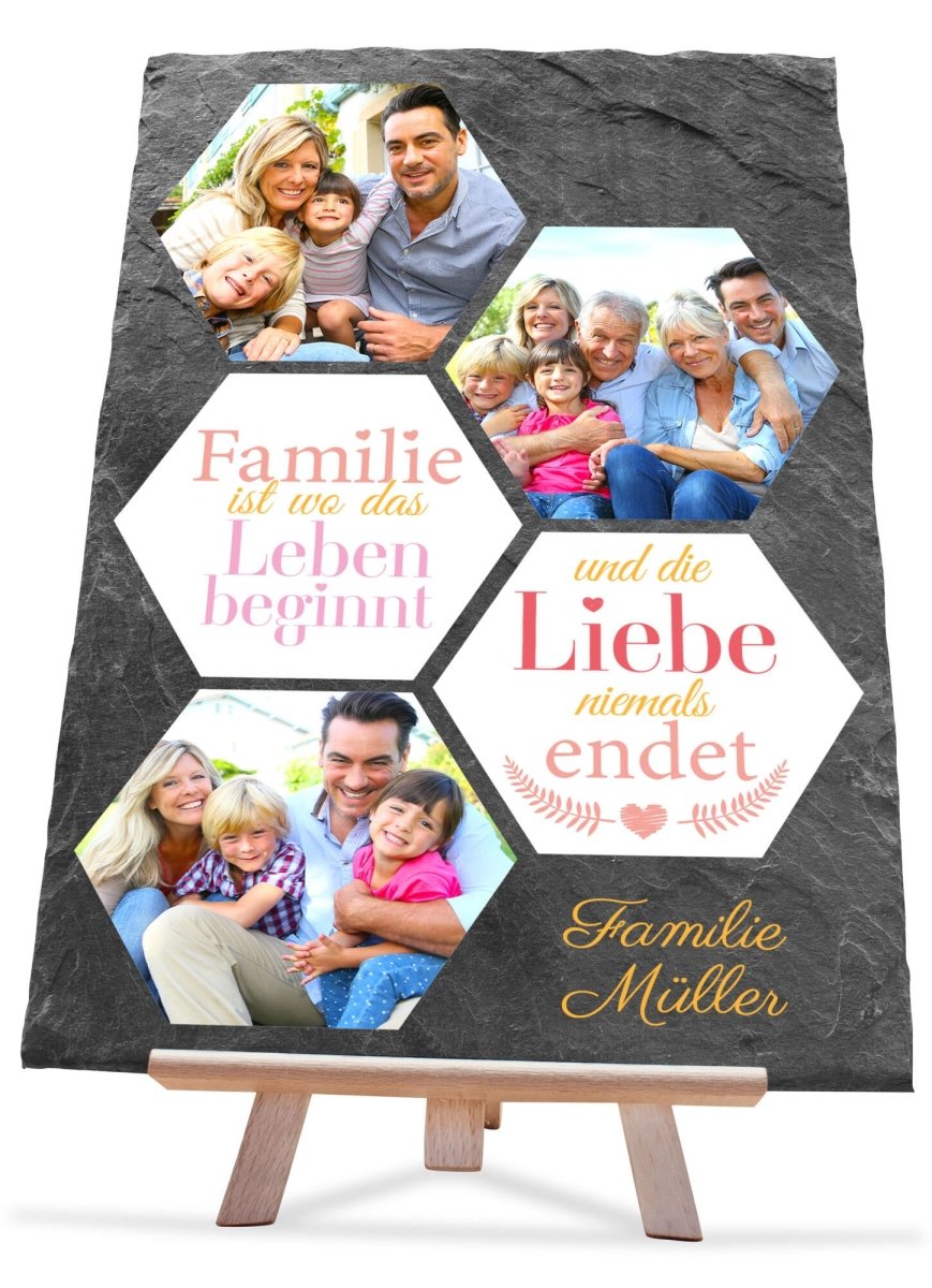 Schiefertafel Familie Liebe mit 3 Bilder Hexagons und Spruch M0465 - meinleinwand.de