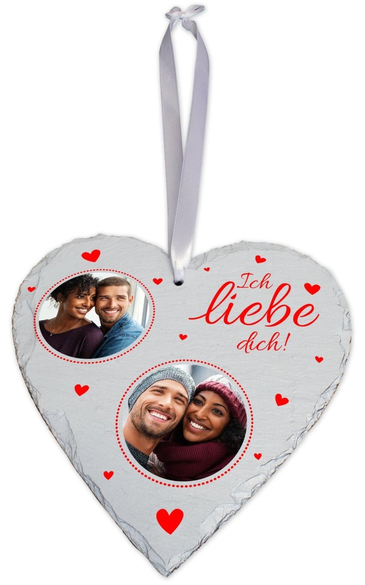 Schieferherz Weiss mit Ich liebe dich in Rot mit 2 Bildern, roten Herzen und Geschenkbox M0638 - meinleinwand.de