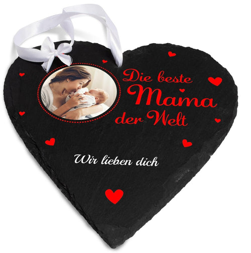 Schieferherz beste Mama der Welt mit Bild, Text und roten Herzen M0657 - meinleinwand.de