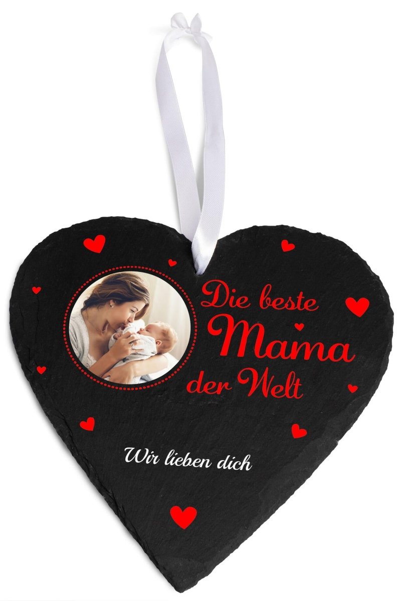 Schieferherz beste Mama der Welt mit Bild, Text und roten Herzen M0657 - meinleinwand.de