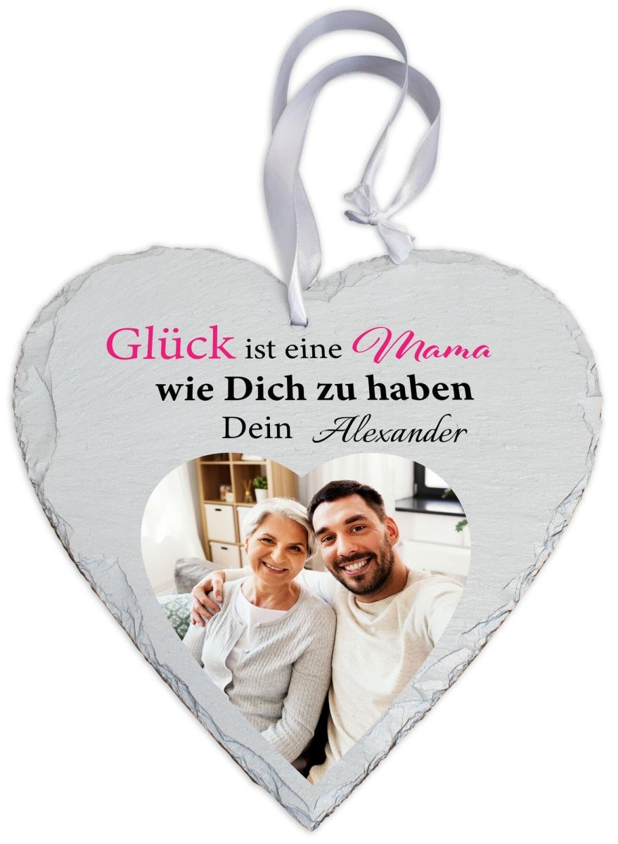 Schieferherz Mama mit Foto Herz, Namen und Spruch von Sohn M0662 - meinleinwand.de