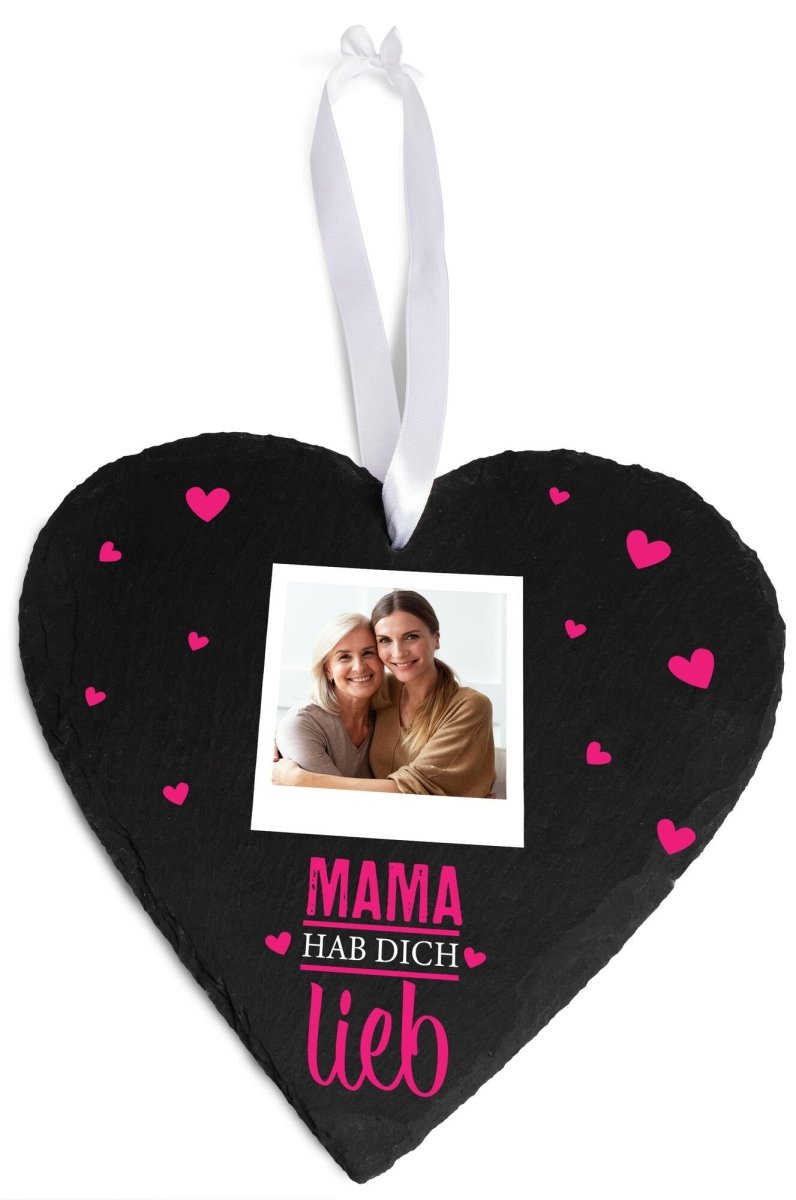 Schieferherz Mama hab dich lieb mit Bild und pinken Herzen M0667 - meinleinwand.de