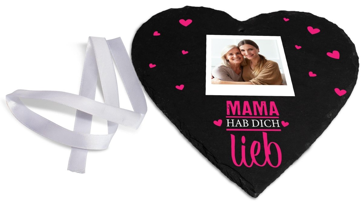 Schieferherz Mama hab dich lieb mit Bild und pinken Herzen M0667 - meinleinwand.de