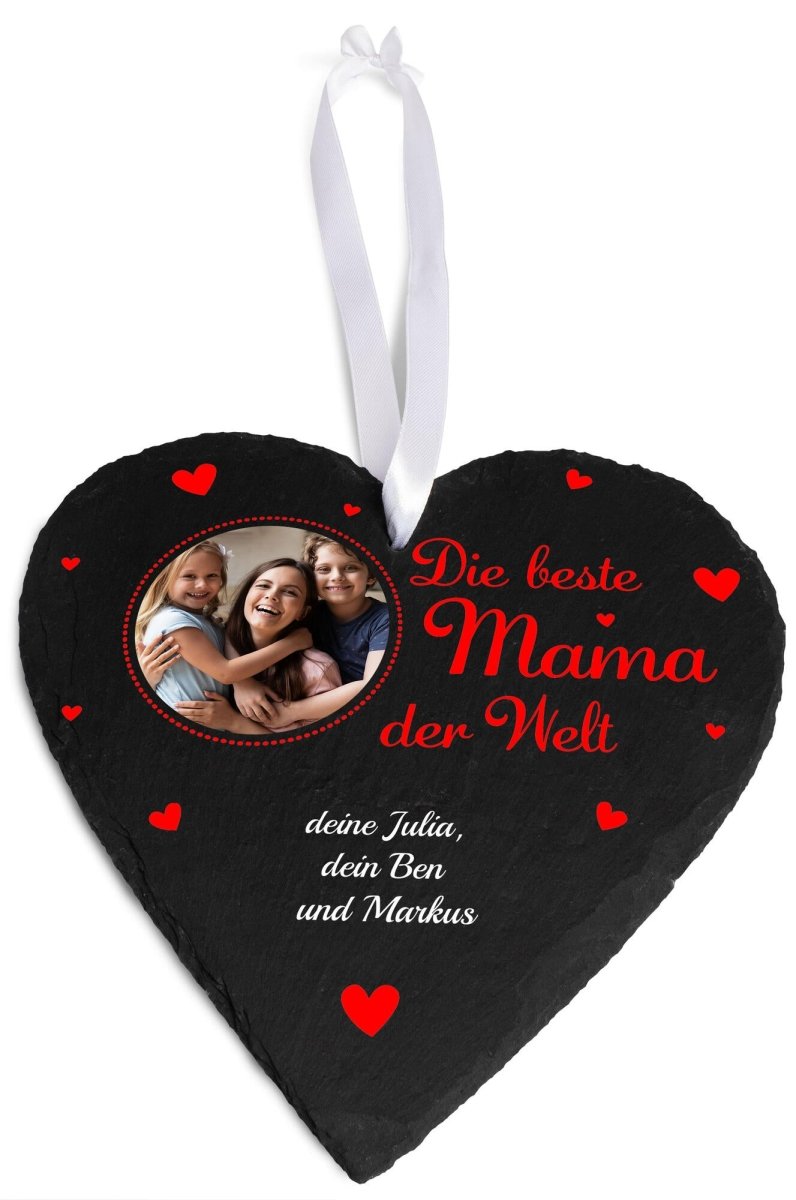 Schieferherz beste Mama der Welt mit Bild, Text, rote Herzen und Geschenkbox M0671 - meinleinwand.de