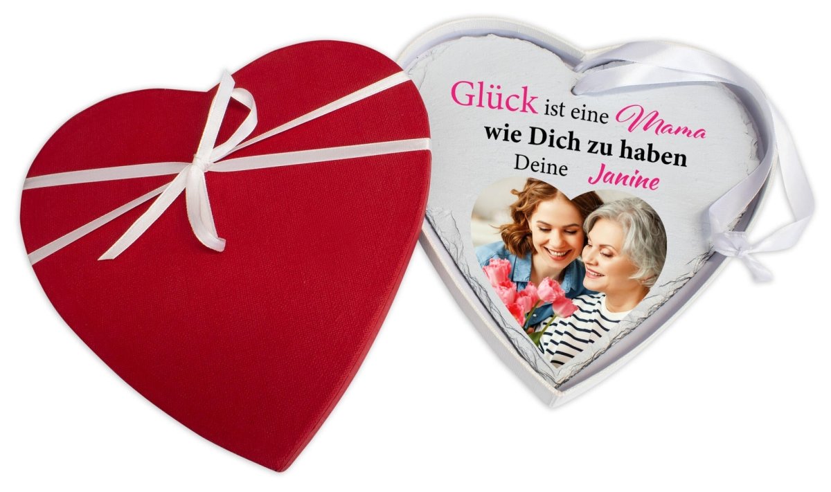 Schieferherz Mama mit Foto Herz, Namen und Spruch von Tochter mit Geschenkbox M0673 - meinleinwand.de