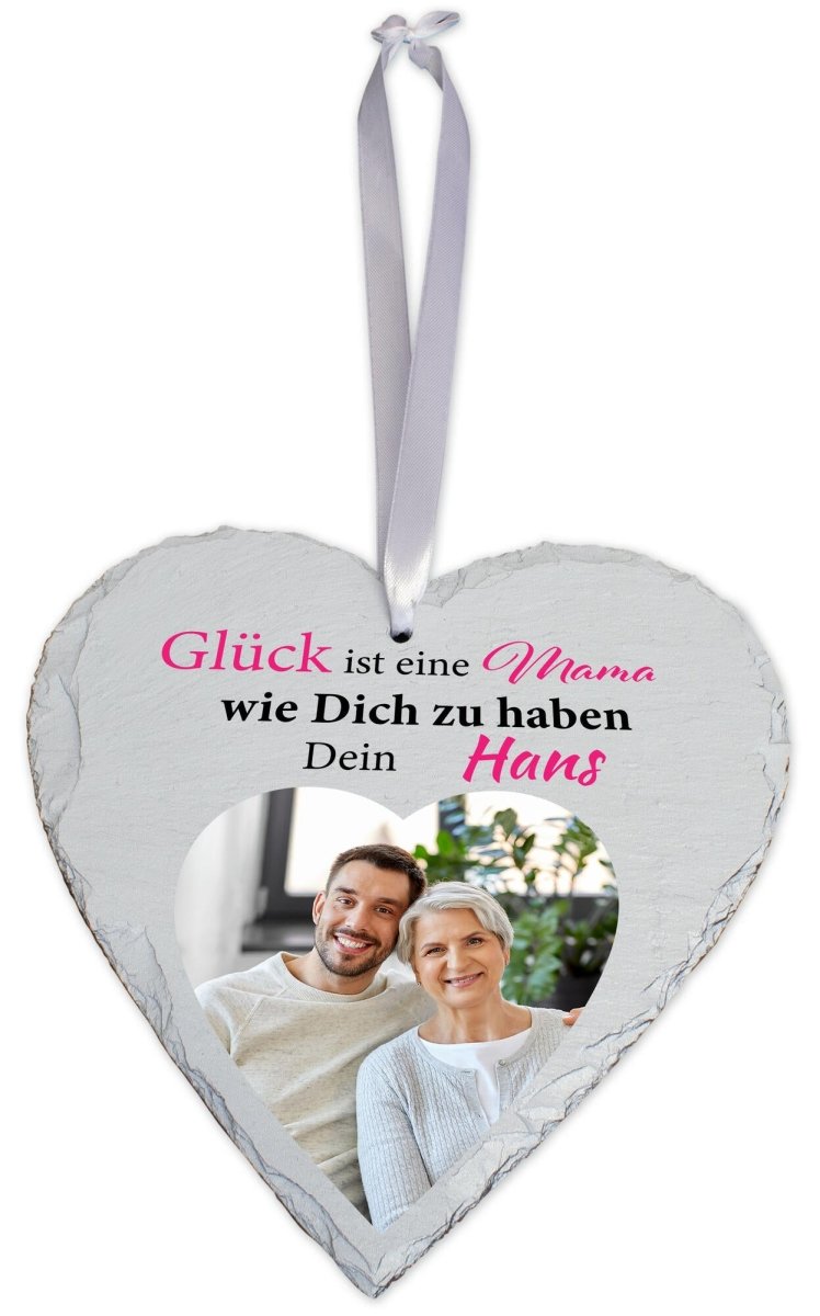 Schieferherz Mama mit Foto Herz, Namen und Spruch von Sohn mit Geschenkbox M0676 - meinleinwand.de