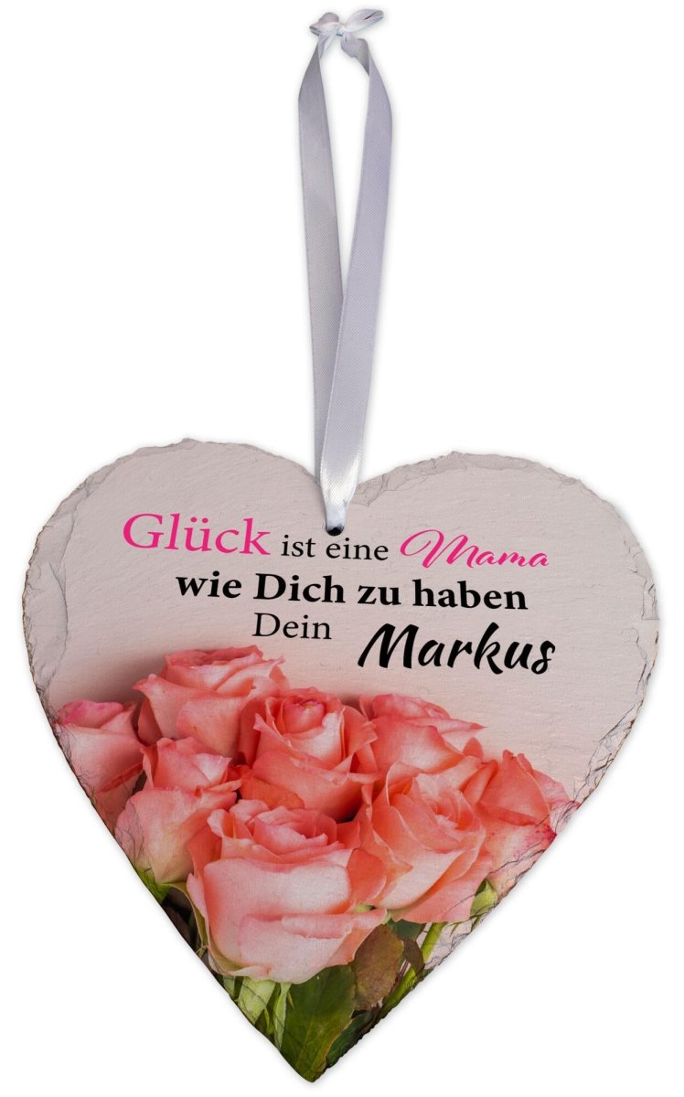 Schieferherz Mama mit Rosen, Spruch und Namen von Sohn mit Geschenkbox M0677 - meinleinwand.de