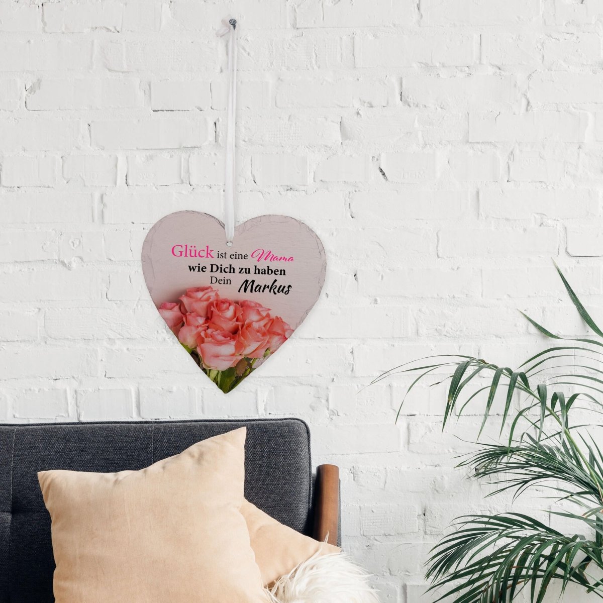 Schieferherz Mama mit Rosen, Spruch und Namen von Sohn mit Geschenkbox M0677 - meinleinwand.de