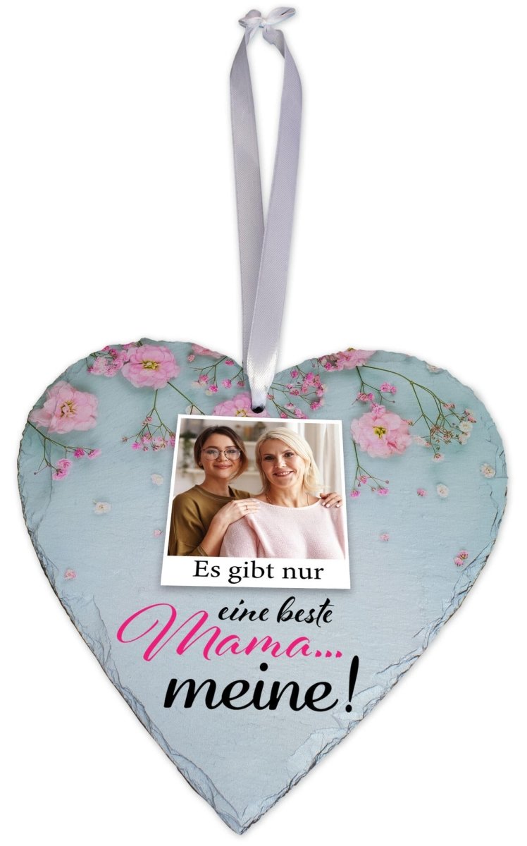 Schieferherz Beste Mama mit Bild, Blumen und Spruch mit Geschenkbox M0678 - meinleinwand.de