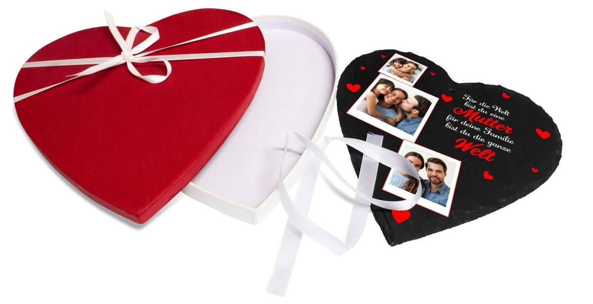 Schieferherz Mama mit 3 Bilder Polaroid, Spruch und roten Herzen mit Geschenkbox M0680 - meinleinwand.de