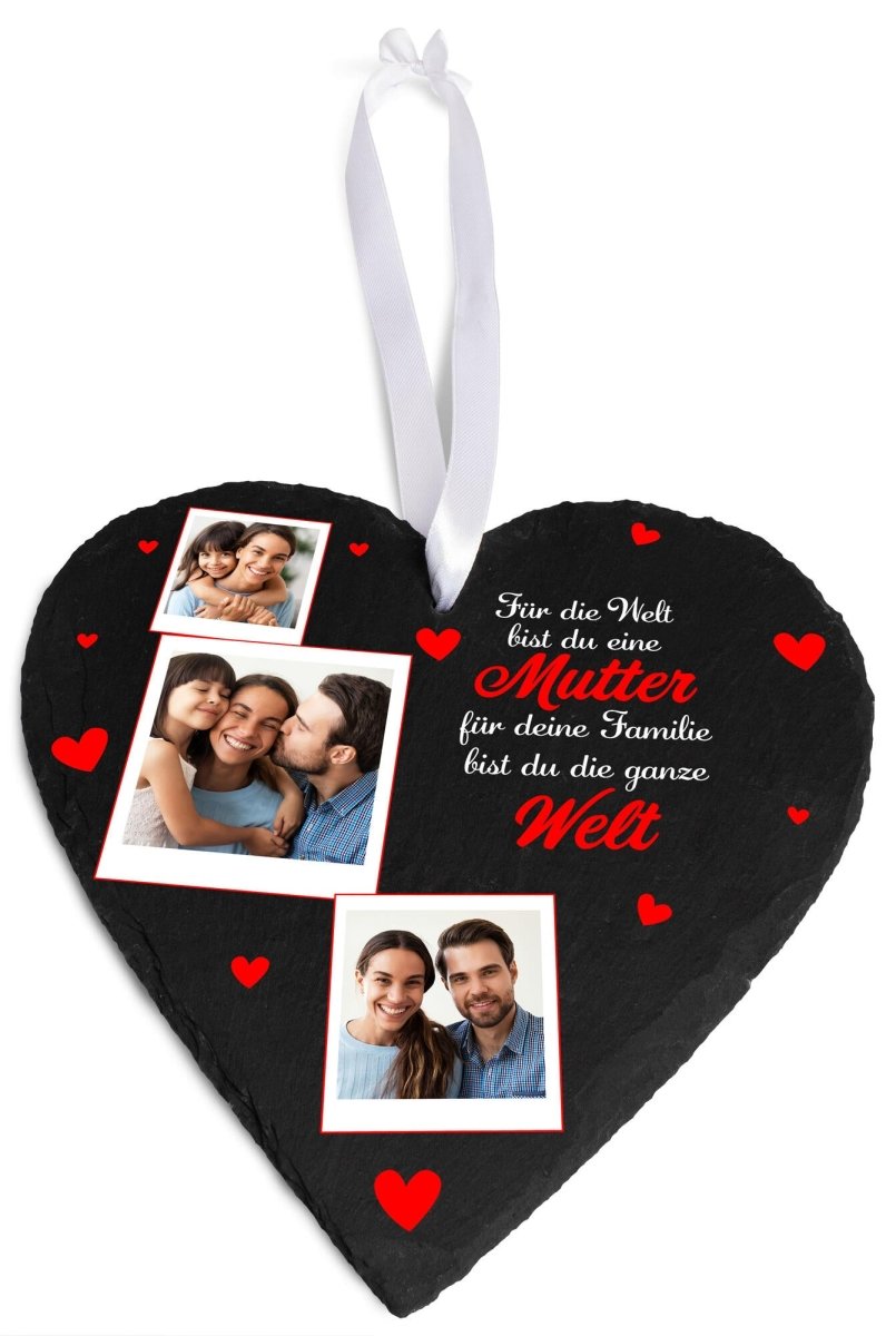 Schieferherz Mama mit 3 Bilder Polaroid, Spruch und roten Herzen mit Geschenkbox M0680 - meinleinwand.de
