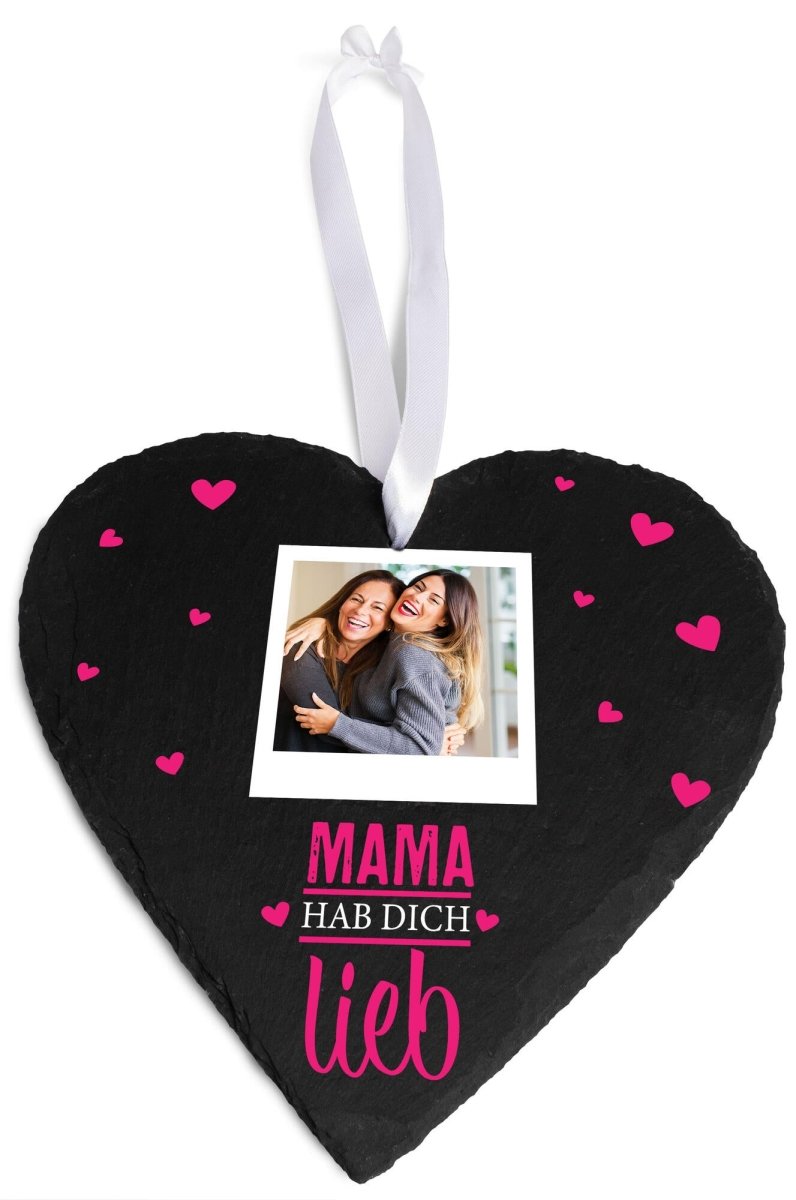 Schieferherz Mama hab dich lieb mit Bild und pinken Herzen mit Geschenkbox M0681 - meinleinwand.de