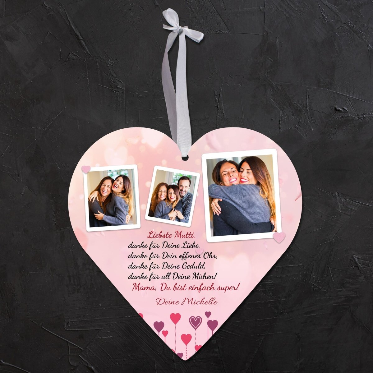 Acrylglasherz Mama mit 3 Bildern, Spruch und Name in Rosa M0703 - meinleinwand.de