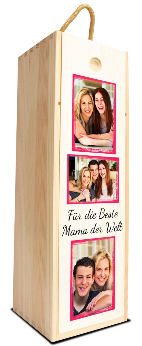 Weinkiste in Weiss Beste Mama mit 3 Bildern und pinknen Rahmen M0759 - meinleinwand.de