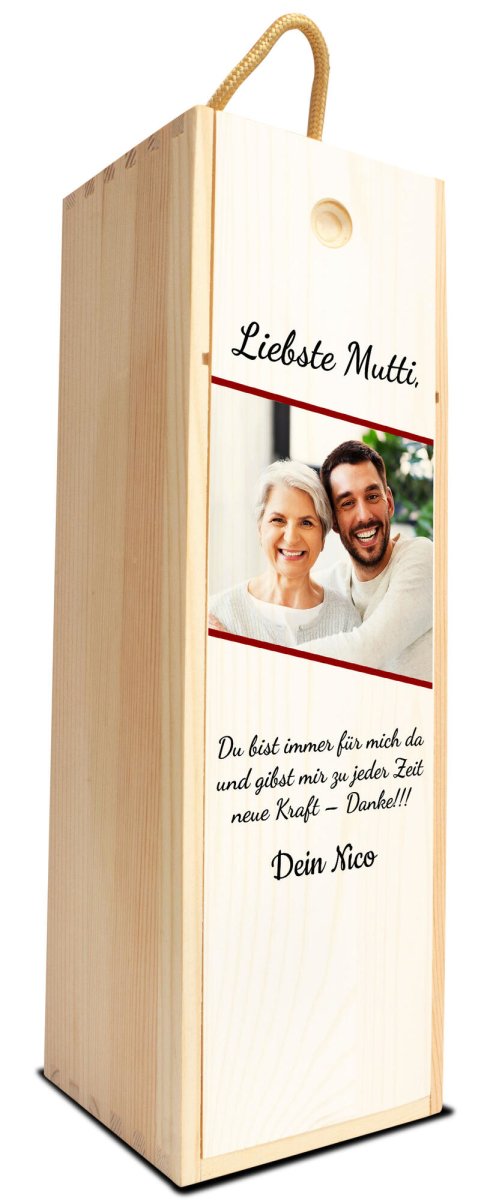 Weinkiste in Weiss Liebste Mutti mit Spruch, Namen und Bild mit roten Rahmen M0761 - meinleinwand.de